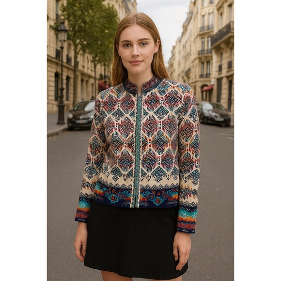 Ivko Woman Jacquard Jacket Sweater 12 Medallion Print Front...
